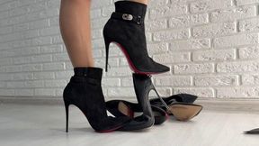 Louboutins ankle boots vs high heels, high heels wrecked, Louboutins boots crusing high heels, high heels stomping, wrecked casadei blade