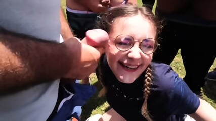 Mature wife with pigtails sucks 25 cocks