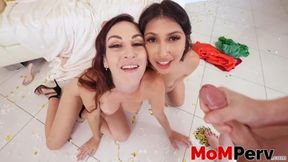Stepbrother seduces stepmom and GF in a steamy taboo trio