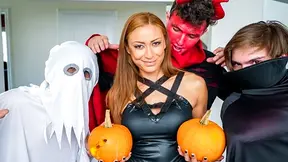Stepmom gives her stepsons and their friend the best Halloween treat by fucking them all