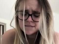 Nerdy blonde teen with big natural boobs makes herself cum