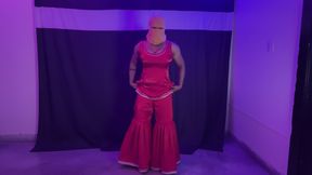 indian crossdresser in red satin silk sharara suit
