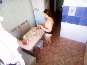 Spying naked Step mother drinking coffee and reading magazine -MyNakedStepmother