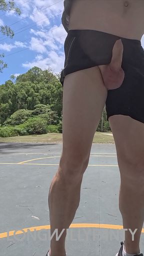 Straight guy hanging out his uncut cock at the public space.