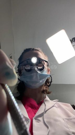 POV Dental Exam with Injections and Cleaning in Loupes Finds Cavities in Pink Scrubs and White Lab Coat No Nudity