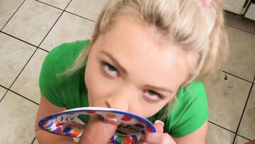 Blonde lady Kay Carter sprayed with cumshot after sexy