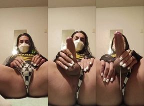 Femme twink strokes his throbbing tiny cock till cumshot