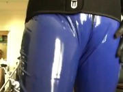 NEW blue glossy spandex suit tease