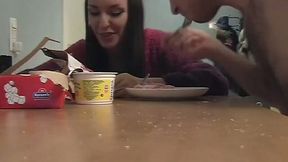 Bodacious Russian brunette hoe takes a snack before exposing her cunt