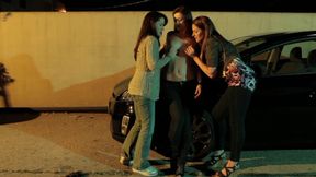 Three Hot And Sexy Teens Comforting Pussies Outdoor In The Middle Of The Night