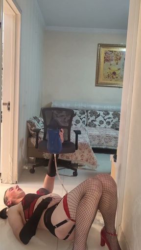 Sissy takes huge enema then bounces on dildo whilst still inflated   Clip 1