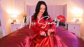 Scarlett's sexy long red satin robe rip (destruction)