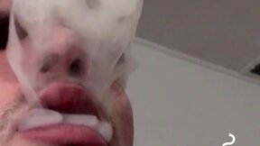 Inked skinny dude smoking & shooting cum on the floor