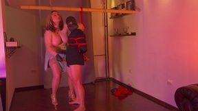 she took control of him, then jerked him off until he came - a cruel mistress and cum on her shoe, which he licked off