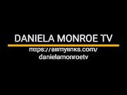 Daniela Monroe TV Spanish shemale cums on the couch with anal pearl, high platform heels, lingerie