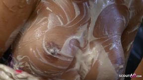 Horny Blonde Step Sisters Smeared with Vanilla Cream and Masturbates Pussy