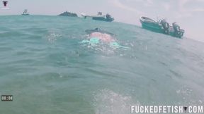 Free Diving Fins Under Open Sea Sexy Latina Goddess