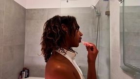 Real college girl with massive knockers in shiny gold mini skirt strips down to