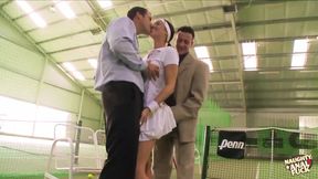 Brunette tennis ace gets slammed by two studs in a raunchy court hookup