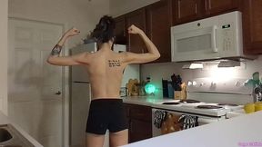 topless sage eldritch weight lifting in the kitchen