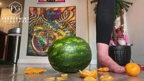 67 Giantess Size 16 Slo-mo Feet Crush Slow Motion Oranges & Watermelon Destruction