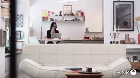 Rebecca rides two hard cocks on the sofa