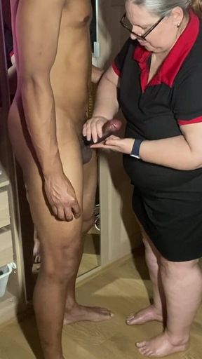 Handy GILF Seducing Black Cock for Cum Load All Over Her Dripping Making a Mess
