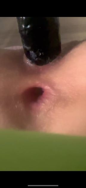 Stretching her beautiful Japanese pussy and asshole with XXL dildo and double penetration