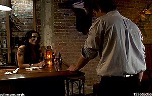 Banker fucked by busty TS bartender