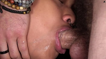 Close up of my stepsister sucking my hard veiny cock until she swallow it all, until the balls... Throbbing cock