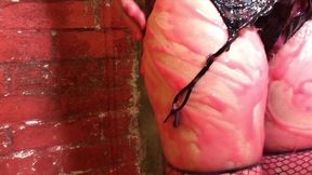 kinky dark, dirty disused building. gunged in black stockings and suspenders wam