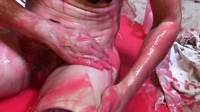 kinky dark, dirty disused building. gunged in black stockings and suspenders wam