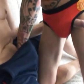 Facial German gay bareback fucked by inked stud at home