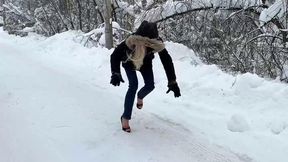 Zanotti heelless on ice, heelless on icy road, girl walking on very slippery shoes on ice