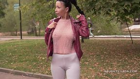 Sheer blouse and tight leggings: MILF shows cameltoe in public park