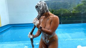 Washing my long hair outdoors