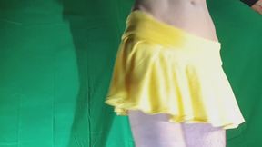 Blue Sheer Mesh Thong under Yellow Skirt