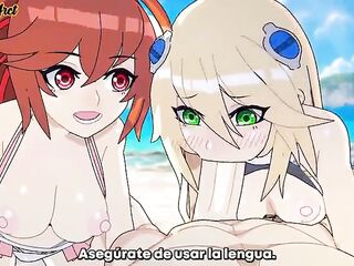 Beauties have a three-some on the beach and get a great screw (Spanish subtitles)