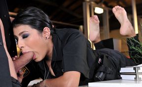 Thin brunette gets fitted with a fat dong during foot fetish tryout