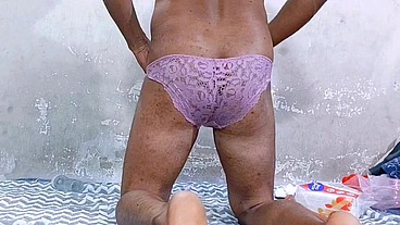 Caged brown sissy shemale getting her asshole fuck to get anal orgasm