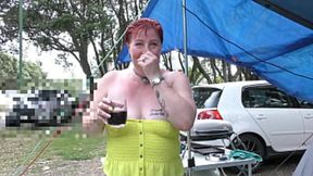 Master commands slutty MILF bitch to show off her tits & pussy at camping ground