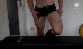 Sega post-workout jacking off with big balls on hairy chest