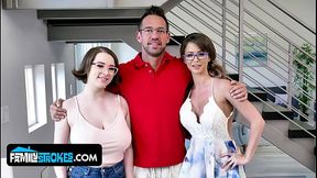 Hot girlfriend with big natural boobs pays for rent with a blowjob and threesome
