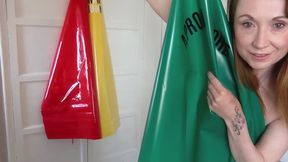 PVC Slut Shows Off Her PVC Aprons Spreads Her Pussy and Squirts on Them