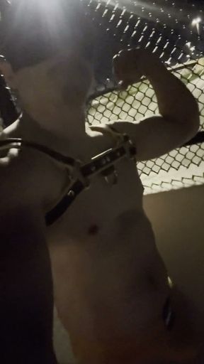 Midnight Muscle Tease: Asian Hunk Flexes Ass &amp; Biceps in Yellow Harness on Highway Bridge