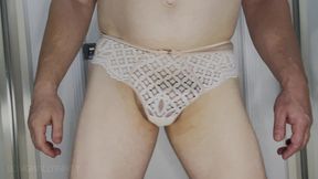 Straight guy wearing wifes white panties with his hard cock