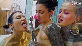 Lubricious Lesbians Threesome with Oil and Toys