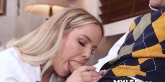 Big Cock Man Sprays Cum on Blonde Milf and Stepmom's Faces