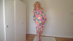 Blonde in flowery summer dress, high heels and no panties