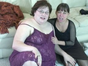 Disgusting fatso gets straponed smiling brunette MILF